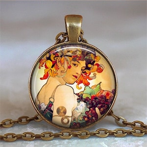 Autumn Harvest art necklace, brooch pin or key chain, Alphonse Mucha art jewelry Thanksgiving jewelry fall colors key ring key fob