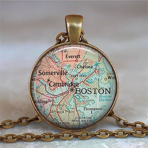 Boston map necklace, brooch pin or key chain, Boston MA map gift Cambridge, Massachusetts map Somervilla MA keychain key ring key fob M05 image 1