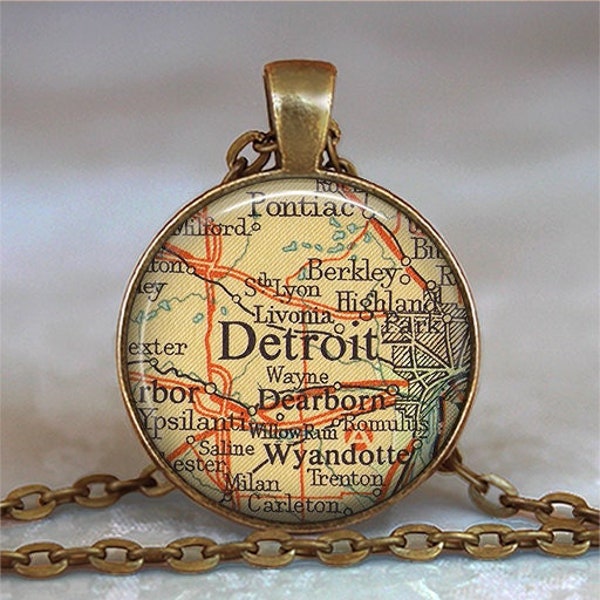 Detroit map pendant, Detroit map necklace, Detroit pendant, vintage map jewelry Detroit necklace key chain key fob keychain keyring key ring