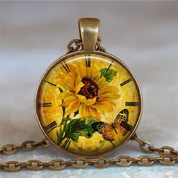 Sunflower Clock necklace, sunflower pendant sunflower jewelry gardener's gift Sunflower necklace keychain key chain key ring key fob