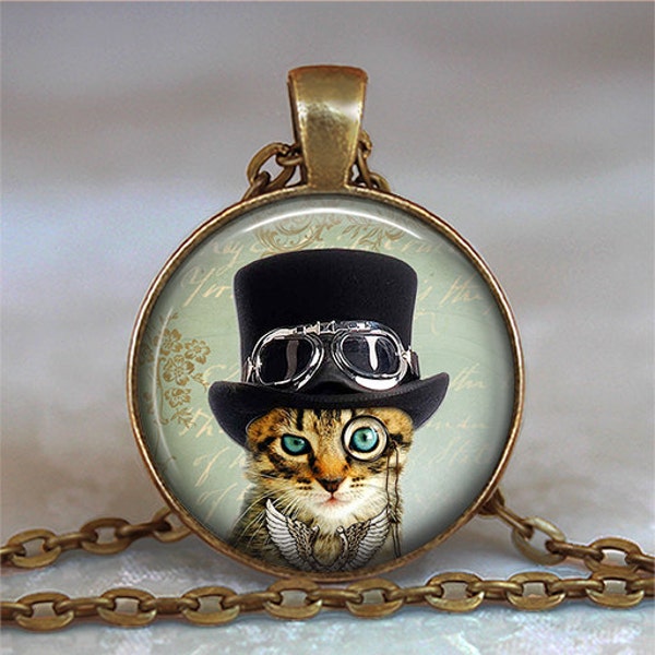 The Mad Catter necklace Steampunk Cat pendant cat necklace steampunk jewelry cat lover jewelry cat with hat cat lady gift key chain key ring