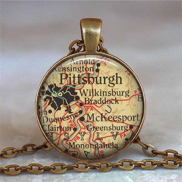 Pittsburgh map necklace, Pittsburgh necklace map jewelry McKeesport Pennsylvania Wilkinsburg map pendant key chain key ring key fob