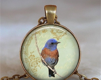 Bluebird on Branch necklace or key chain, bluebird of happiness pendant bird lover gift bluebird jewelry key chain key key fob key ring