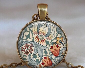 William Morris Lily and Tulips necklace, key chain or brooch, William Morris art jewelry, garden flower Arts and Crafts gift key ring fob