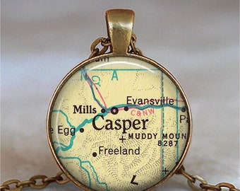 Casper, Wyoming map necklace or key chain, Casper WY map jewelry hometown map gift moving away gift Mills WY keychain key ring key fob