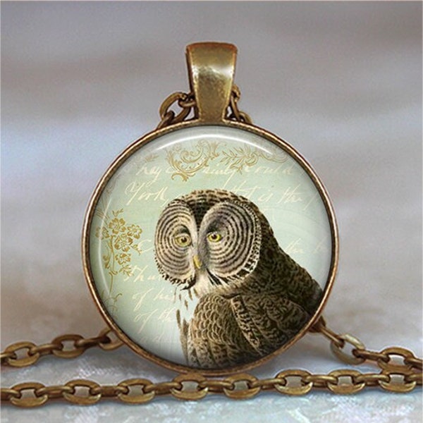 Great Gray Owl necklace or key chain, owl jewelry antique owl gift  Gray Owl keychain key ring keyring key fob birding gift ornithology gift
