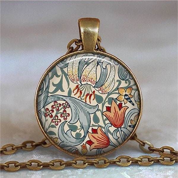 William Morris Lily and Tulips necklace, key chain or brooch, William Morris art jewelry, garden flower Arts and Crafts gift key ring fob