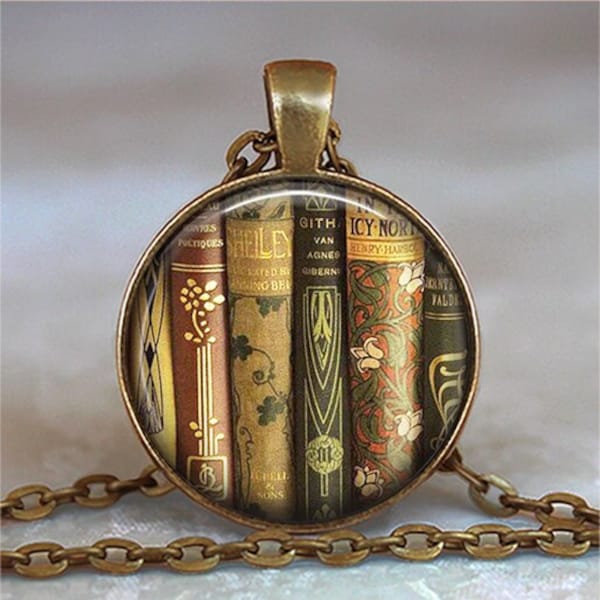 Antique Books necklace, key chain or brooch pin, book shelf book jewelry librarian gift reader teacher gift book club gift key ring key fob