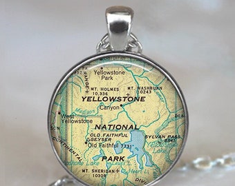 Yellowstone National Park map necklace, Yellowstone map pendant map jewelry gift for camper, camping hiking gift key chain key ring key fob