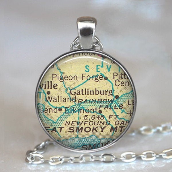 Gatlinburg, Tennessee map necklace, key chain or brooch pin, Pigeon Forge TN map jewelry vacation map gift Smoky Mountains key ring key fob