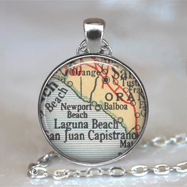 Newport Beach CA map necklace or key chain, Balboa CA pendant Laguna Beach California map gift keychain key ring fob