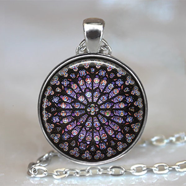 Rose Window, Notre Dame Cathedral necklace, key ring or brooch pin, stained glass photo pendant Catholic jewelry Paris key chain key ring