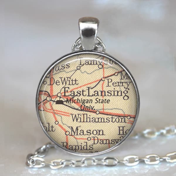 Michigan State University pendant, MSU pendant MSU necklace East Lansing map graduation gift alumni gift college key chain key ring