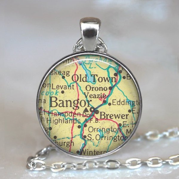 Bangor, Maine map pendant, Brewer Maine necklace Old Town Orono ME pendant map jewelry map keychain key chain key ring key fob