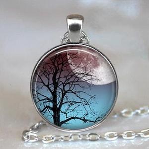 Moonrise Tree necklace, moon and tree jewelry full moon pendant tree jewellery full moon necklace night sky  key chain key ring key fob
