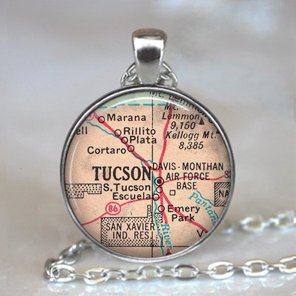 Tucson map necklace, Tucson Arizona map pendant Tucson map jewelry David Monthan Air Force Base keychain key chain key ring key fob