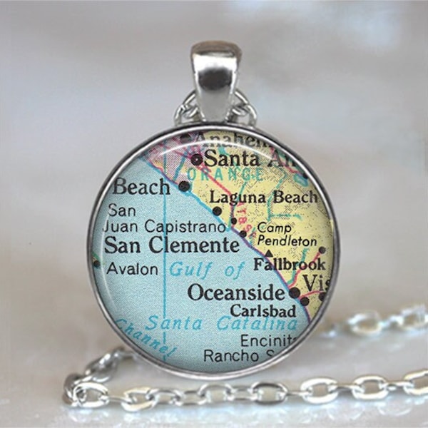 San Clemente CA map necklace or key chain, San Juan Capistrano pendant, Oceanside California necklace or keychain key ring fob