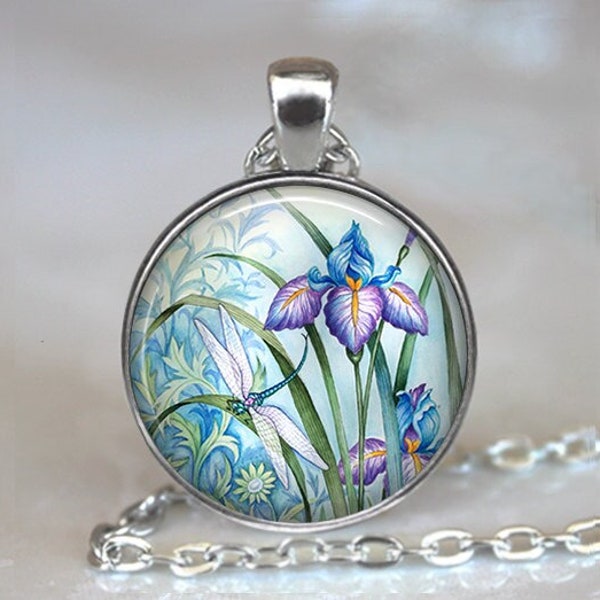Dragonfly and Iris necklace, Dragonfly pendant Iris pendant Dragonfly jewelry Iris jewelry nature jewelry symbolic art key chain key ring