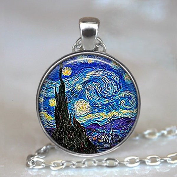 Starry Night necklace, brooch pin or key chain, Van Gogh art jewelry, moon and stars necklace, celestial keychain key ring fob