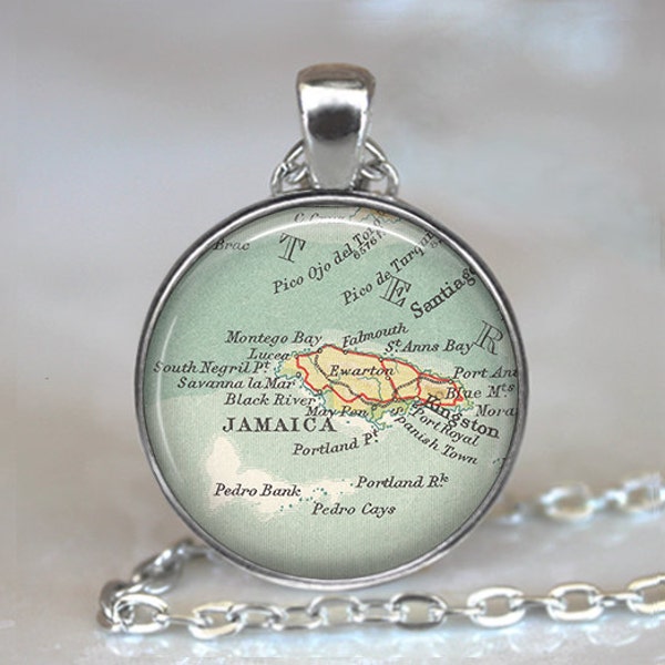 Jamaica necklace, Jamaica pendant Montego Bay pendant Kingston Jamaica map necklace map jewelry key chain keychain key ring key fob