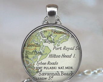 Hilton Head Island, South Carolina map pendant, Hilton Head map necklace, Hilton Head map pendant, keychain key chain key ring