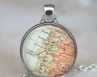 Portugal map necklace, Portugal map pendant, Portugal necklace travel jewelry map jewelry vintage map travel gift key chain key ring fob