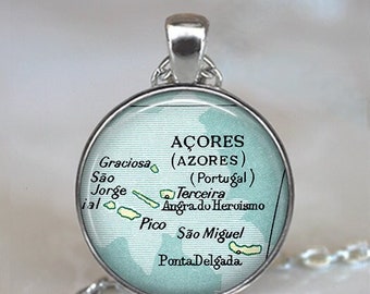 Azores map necklace or key chain, the Azores travel gift Terceira Graciosa Pico Island Sao Jorge Sao Miguel key fob key ring keychain