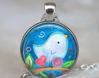 Bluebird of Happiness necklace or key chain, sweet little bird art pendant bird lover gift bird watcher gift key chain key ring key fob