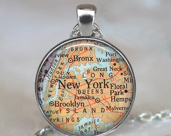 New York map necklace or key chain, Manhattan map gift, Brooklyn Bronx Queens map travel gift, NYC keychain key ring key fob