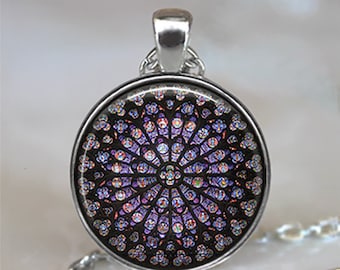 Rose Window, Notre Dame Cathedral necklace, key ring or brooch pin, stained glass photo pendant Catholic jewelry Paris key chain key ring