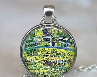 Monet's Lily Pond Bridge necklace or key chain, Monet art gift art necklace water lily jewelry water gardener's gift key chain key ring G160