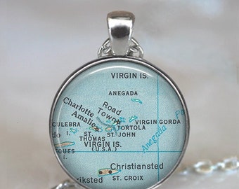 Virgin Islands map necklace, St Thomas map pendant, St Croix map pendant, Charlotte Amalie Caribbean map keychain