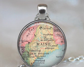 Maine map pendant, Maine map jewelry Maine pendant state map pendant vintage map jewelry Maine map necklace key chain key ring key fob