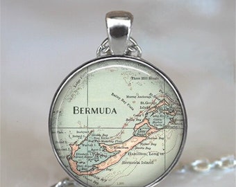 Bermuda map necklace or key chain, Bermuda pendant travel gift vacation destination map jewelry honeymoon keychain key ring key fob