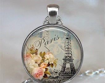 Shabby-chic Paris pendant, Paris necklace Eiffel Tower necklace Paris France jewelry key chain key ring key fob European travel gift G142