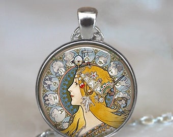 Art Nouveau Zodiac pendant, Zodiac jewelry Mucha art La Plume pendant, astrology necklace, astrologer's pendant key ring key chain fob