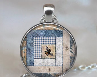 Quilting Bee necklace, brooch pin or key chain, gift for quilter quilter's gift quilting gift honey bee necklace key ring key chain key fob