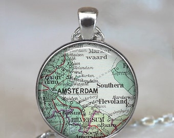 Amsterdam map necklace, Amsterdam pendant, Amsterdam necklace, Amsterdam Holland map pendant, Netherlands map key chain key ring fob