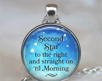 Second Star to the Right Straight on 'til Morning necklace, key chain or brooch pin, Peter Pan quote gift Neverland gift literary key ring