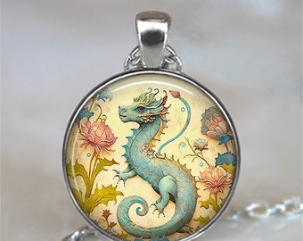 Baby Blue Dragon necklace, Flower Dragon jewelry  fantasy art blue dragon gift dragon garden key chain key ring key fob G454