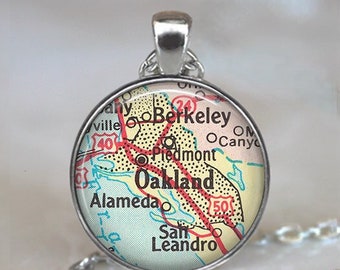 Oakland, California map necklace, Alameda CA map Berkeley CA pendant San Leandro necklace Piedmont CA map keychain key chain key ring fob