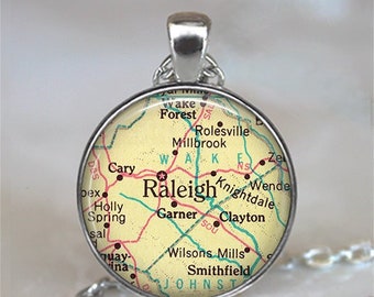 Raleigh, North Carolina map pendant Durham map pendant map jewelry map necklace keychain key chain key ring key fob keyring