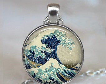 Great Wave at Kanagawa Japanese necklace, key chain or brooch, nautical gift surfer gift ocean lover, seafarer or fisherman key ring key fob