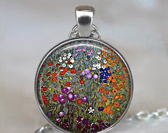 Gustav Klimt's Farm Garden art necklace or key chain, Klimt art pendant Klimt jewelry Klimt art gift garden gift keychain key ring fob G74