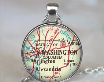 Washington DC map necklace, key chain or brooch, Arlington VA map jewelry Alexandria Virginia map Fort Myer VA travel gift key ring fob