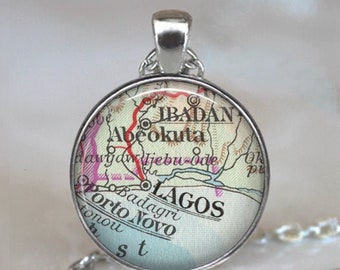 Lagos Nigeria map necklace or key chain, Ibedan map adoption gift travel gift vintage map jewelry keychain key ring key fob