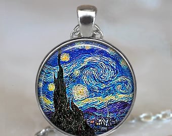 Starry Night necklace, brooch pin or key chain, Van Gogh art jewelry, moon and stars necklace, celestial keychain key ring fob