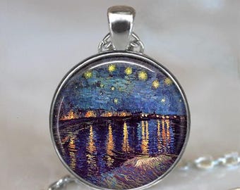 Starry Night over the Rhone necklace Van Gogh necklace, key chain or brooch, art teacher gift art student gift Van Gogh art key ring fob