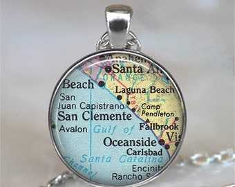 San Clemente CA map necklace or key chain, San Juan Capistrano pendant, Oceanside California necklace or keychain key ring fob