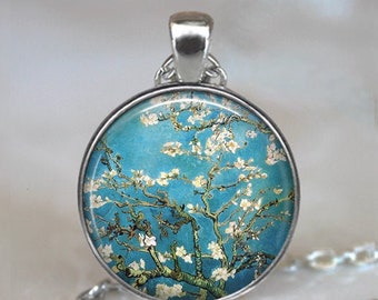 Van Gogh Almond Branch in Bloom art necklace, brooch or key chain, flower jewelry artist gift art teacher or student gift key ring key fob